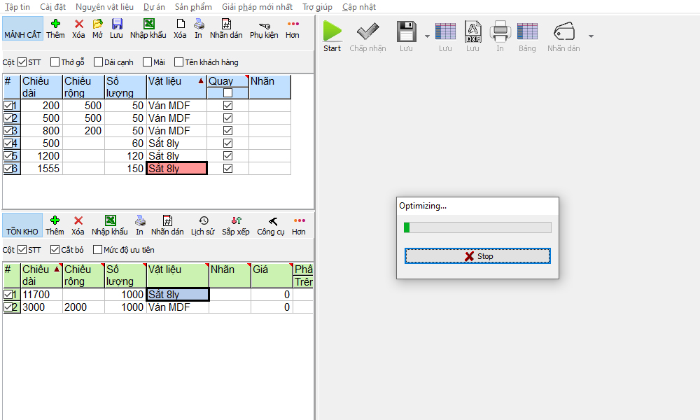 Bấm Start để phần mềm tính toán chia cắt tôi ưu và ra sơ đồ chia cắt