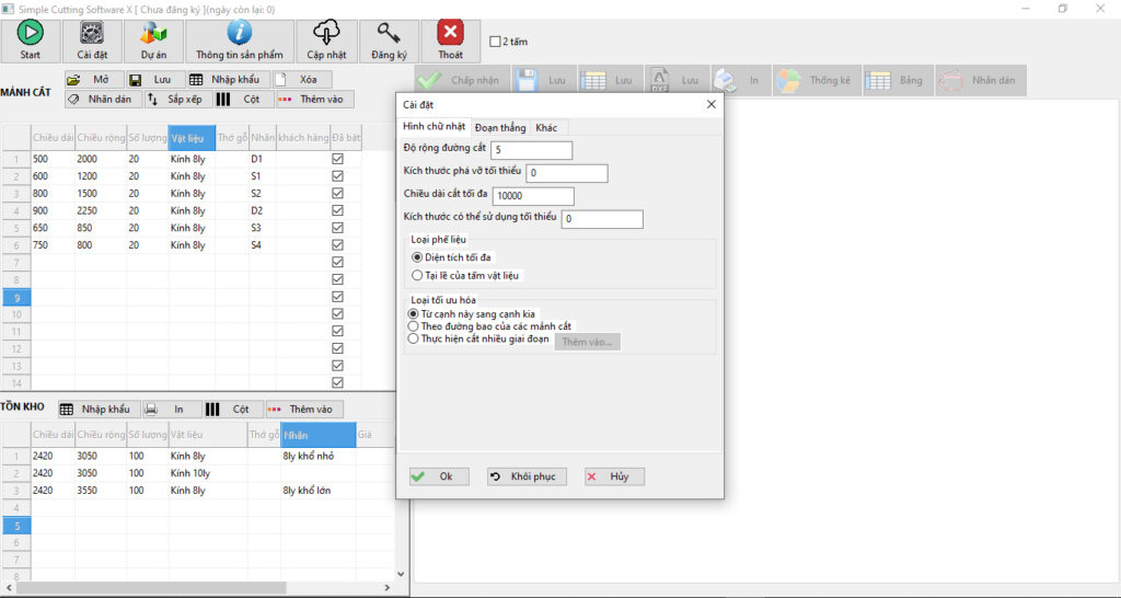 Cài đặt chia cắt phần mềm Simple Cutting Software X