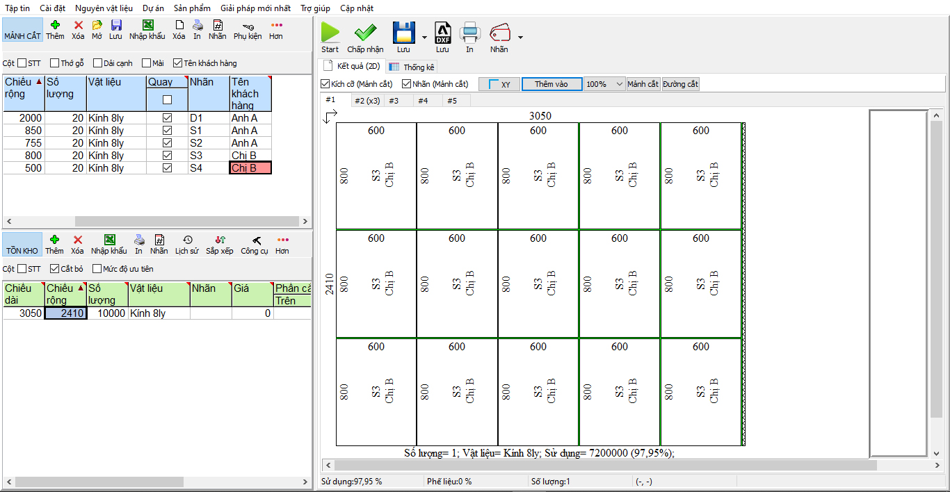 Hình ảnh phần mềm Cutting Optimization Pro chia cắt kính
