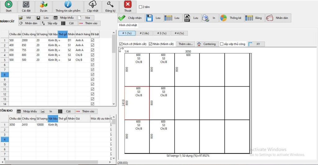 Hình ảnh phần mềm Simple Cutting Software X chia cắt kính
