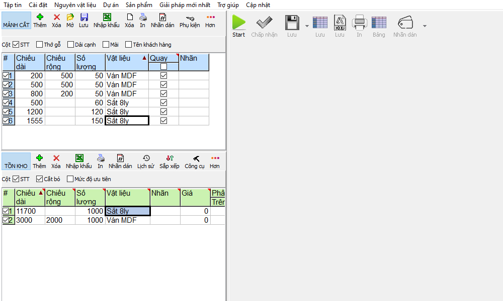 Nhập số liệu vào phần mảnh cắt