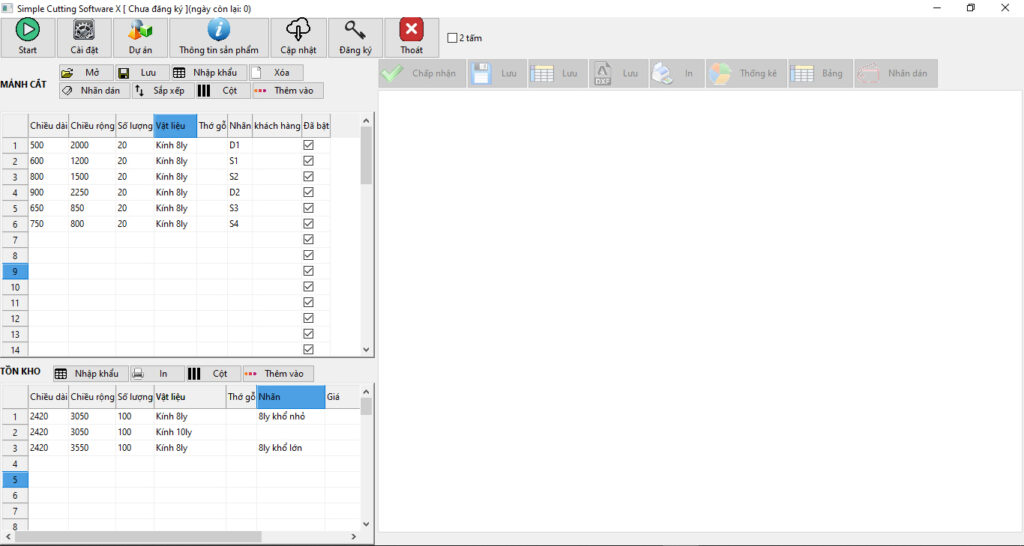 Nhập số liệu vào phần mềm Simple Cutting Software X