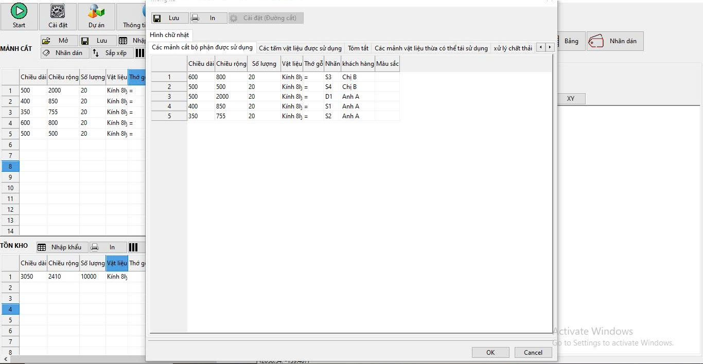 Thống kê khi chia cắt kính của phần mềm Simple Cutting Software X